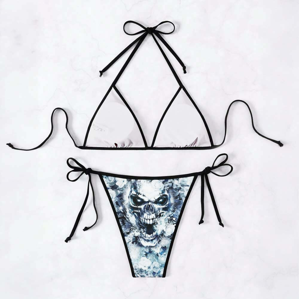 Frozen Flower Skull Halter String Bikini Set - Y2K Summer, 90s Grunge, Retro Goth Beach Outfit