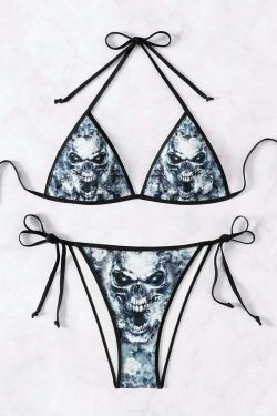 Frozen Flower Skull Halter String Bikini Set - Y2K Summer, 90s Grunge, Retro Goth Beach Outfit