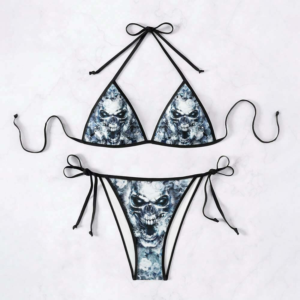 Frozen Flower Skull Halter String Bikini Set - Y2K Summer, 90s Grunge, Retro Goth Beach Outfit