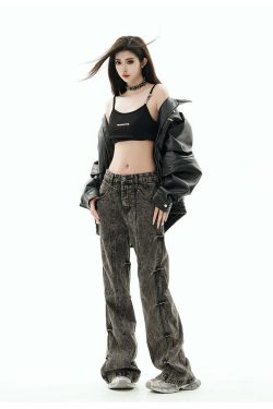 GCINIM Acid Wash Paneled Jeans - Y2K Grunge, 90s Fashion, Retro Style, Summer Y2K Outfits