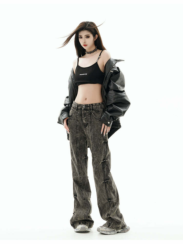 GCINIM Acid Wash Paneled Jeans - Y2K Grunge, 90s Fashion, Retro Style, Summer Y2K Outfits