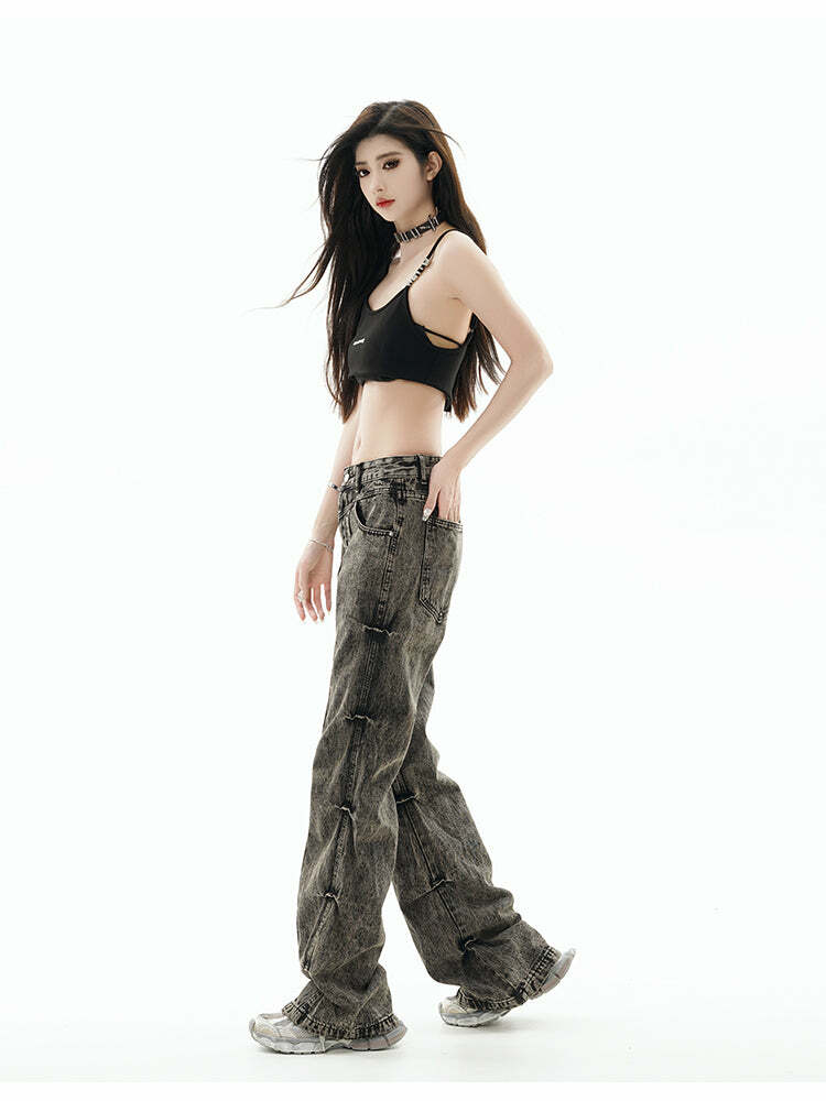 GCINIM Acid Wash Paneled Jeans - Y2K Grunge, 90s Fashion, Retro Style, Summer Y2K Outfits