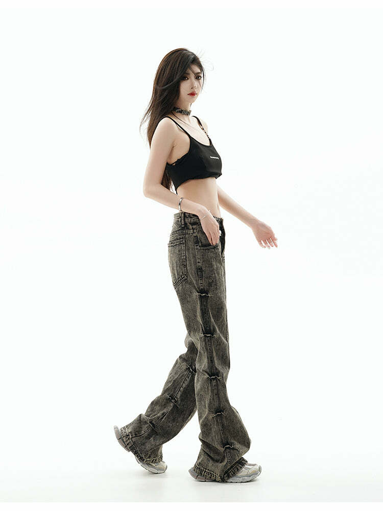 GCINIM Acid Wash Paneled Jeans - Y2K Grunge, 90s Fashion, Retro Style, Summer Y2K Outfits