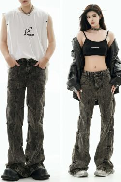 GCINIM Acid Wash Paneled Jeans - Y2K Grunge, 90s Fashion, Retro Style, Summer Y2K Outfits
