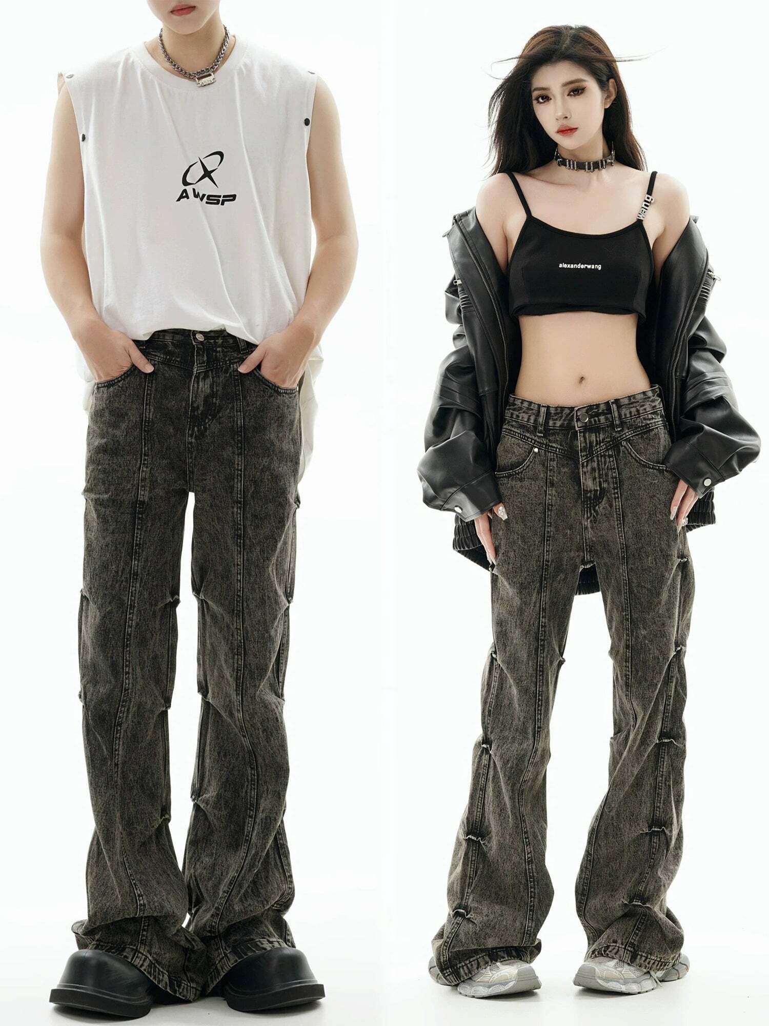 GCINIM Acid Wash Paneled Jeans - Y2K Grunge, 90s Fashion, Retro Style, Summer Y2K Outfits
