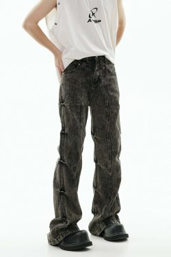 GCINIM Acid Wash Paneled Jeans - Y2K Grunge, 90s Fashion, Retro Style, Summer Y2K Outfits