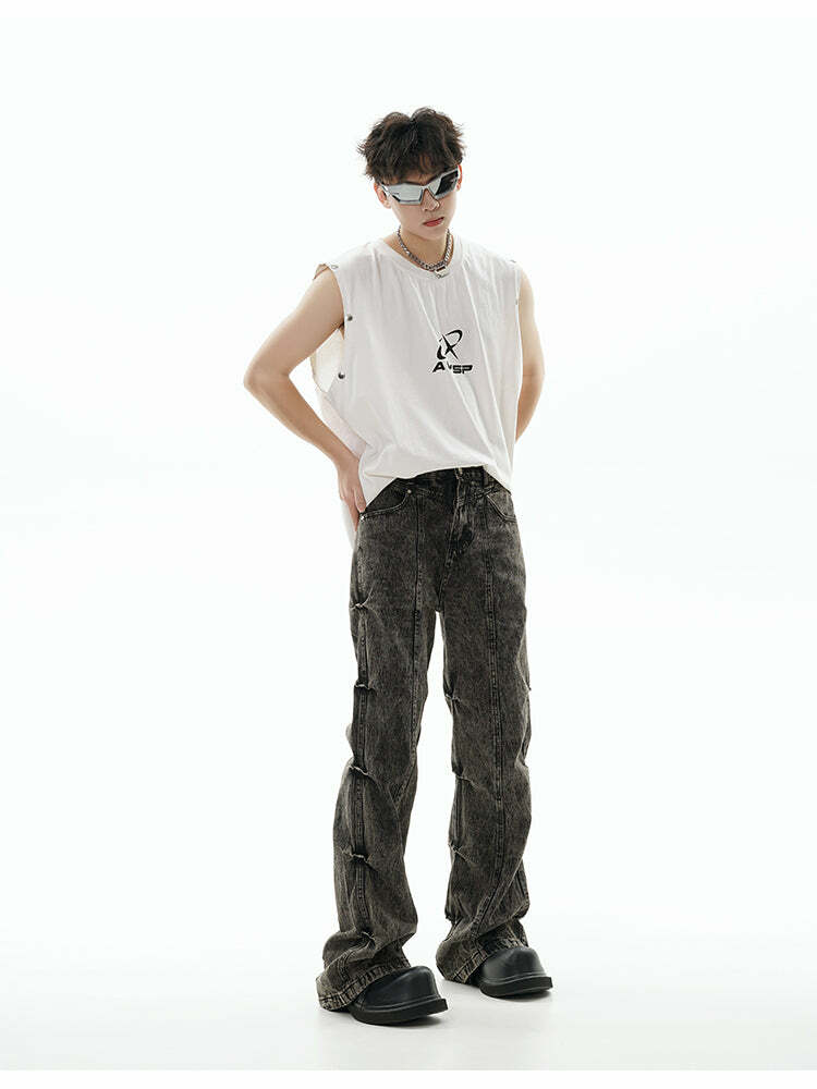 GCINIM Acid Wash Paneled Jeans - Y2K Grunge, 90s Fashion, Retro Style, Summer Y2K Outfits