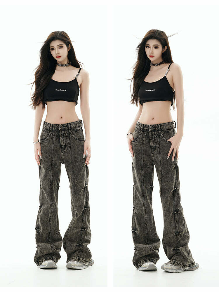 GCINIM Acid Wash Paneled Jeans - Y2K Grunge, 90s Fashion, Retro Style, Summer Y2K Outfits
