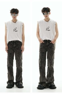 GCINIM Acid Wash Paneled Jeans - Y2K Grunge, 90s Fashion, Retro Style, Summer Y2K Outfits