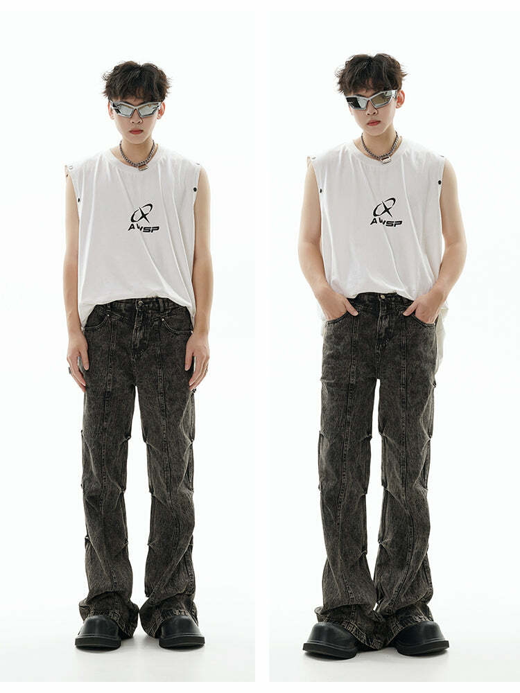 GCINIM Acid Wash Paneled Jeans - Y2K Grunge, 90s Fashion, Retro Style, Summer Y2K Outfits