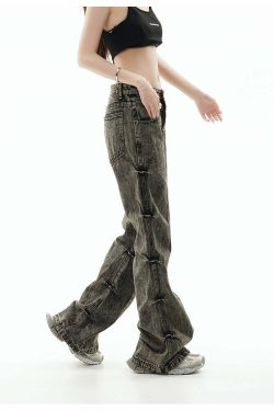 GCINIM Acid Wash Paneled Jeans - Y2K Grunge, 90s Fashion, Retro Style, Summer Y2K Outfits