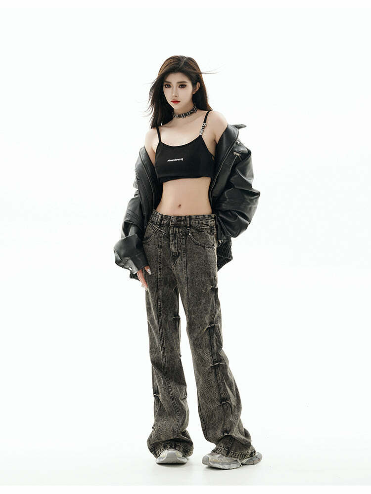 GCINIM Acid Wash Paneled Jeans - Y2K Grunge, 90s Fashion, Retro Style, Summer Y2K Outfits