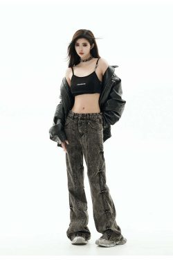 GCINIM Acid Wash Paneled Jeans - Y2K Grunge, 90s Fashion, Retro Style, Y2K Summer Outfits