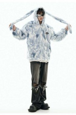GCINIM Camo Rabbit Fleece Hoodie - Y2K Grunge, 90s Fashion, Retro Style, Y2K Summer Outfits