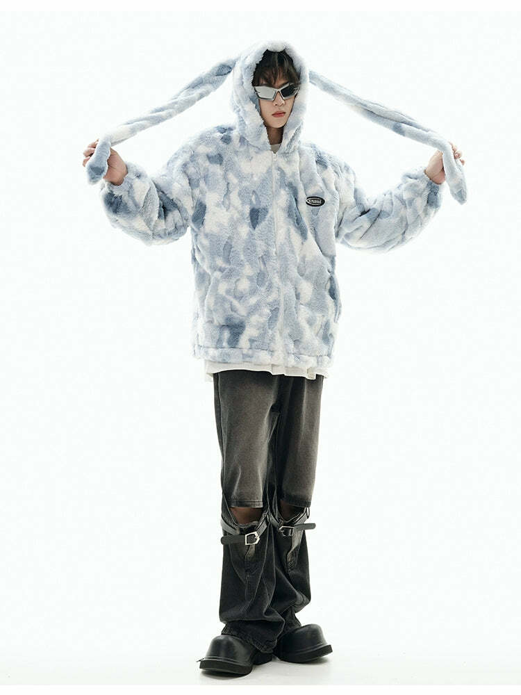 GCINIM Camo Rabbit Fleece Hoodie - Y2K Grunge, 90s Fashion, Retro Style, Y2K Summer Outfits