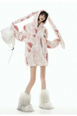 GCINIM Camo Rabbit Fleece Hoodie - Y2K Grunge, 90s Fashion, Retro Style, Y2K Summer Outfits