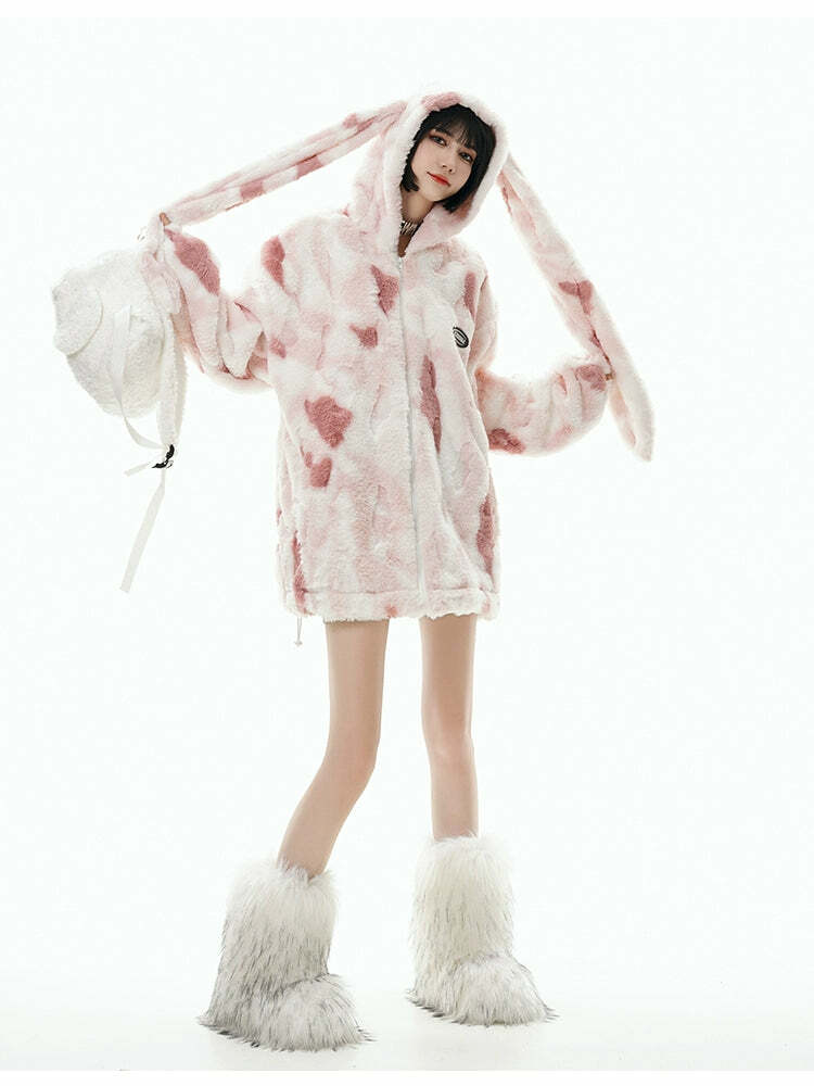GCINIM Camo Rabbit Fleece Hoodie - Y2K Grunge, 90s Fashion, Retro Style, Y2K Summer Outfits