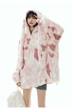 GCINIM Camo Rabbit Fleece Hoodie - Y2K Grunge, 90s Fashion, Retro Style, Y2K Summer Outfits