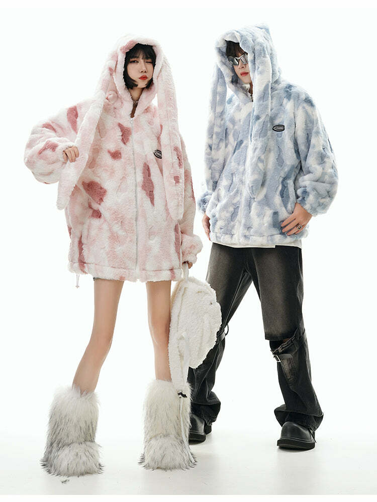GCINIM Camo Rabbit Fleece Hoodie - Y2K Grunge, 90s Fashion, Retro Style, Y2K Summer Outfits