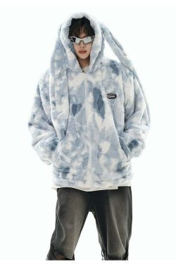 GCINIM Camo Rabbit Fleece Hoodie - Y2K Grunge, 90s Fashion, Retro Style, Y2K Summer Outfits