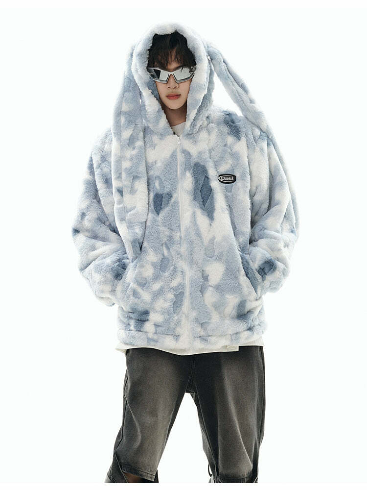GCINIM Camo Rabbit Fleece Hoodie - Y2K Grunge, 90s Fashion, Retro Style, Y2K Summer Outfits