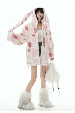 GCINIM Camo Rabbit Fleece Hoodie - Y2K Grunge, 90s Fashion, Retro Style, Y2K Summer Outfits