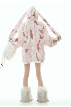 GCINIM Camo Rabbit Fleece Hoodie - Y2K Grunge, 90s Fashion, Retro Style, Y2K Summer Outfits
