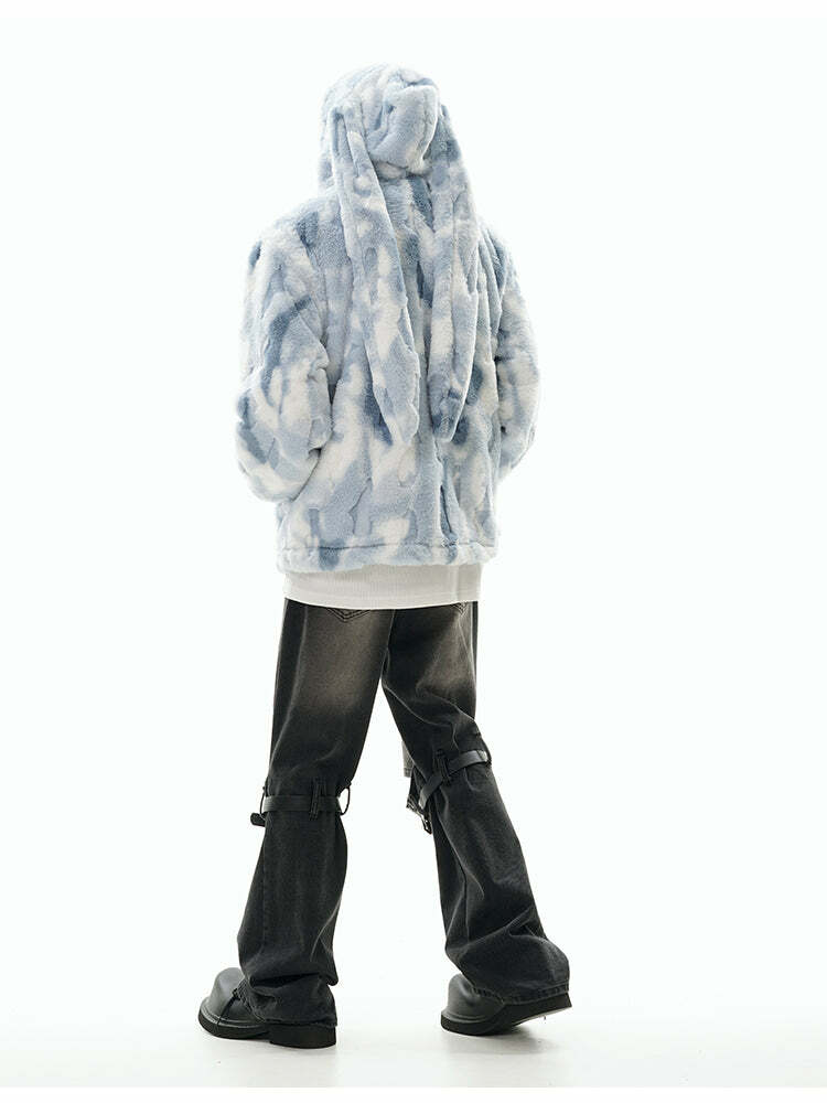 GCINIM Camo Rabbit Fleece Hoodie - Y2K Grunge, 90s Fashion, Retro Style, Y2K Summer Outfits