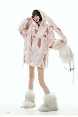 GCINIM Camo Rabbit Fleece Hoodie - Y2K Grunge, 90s Fashion, Retro Style, Y2K Summer Outfits