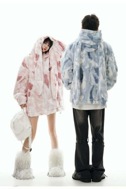 GCINIM Camo Rabbit Fleece Hoodie - Y2K Grunge, 90s Fashion, Retro Style, Y2K Summer Outfits