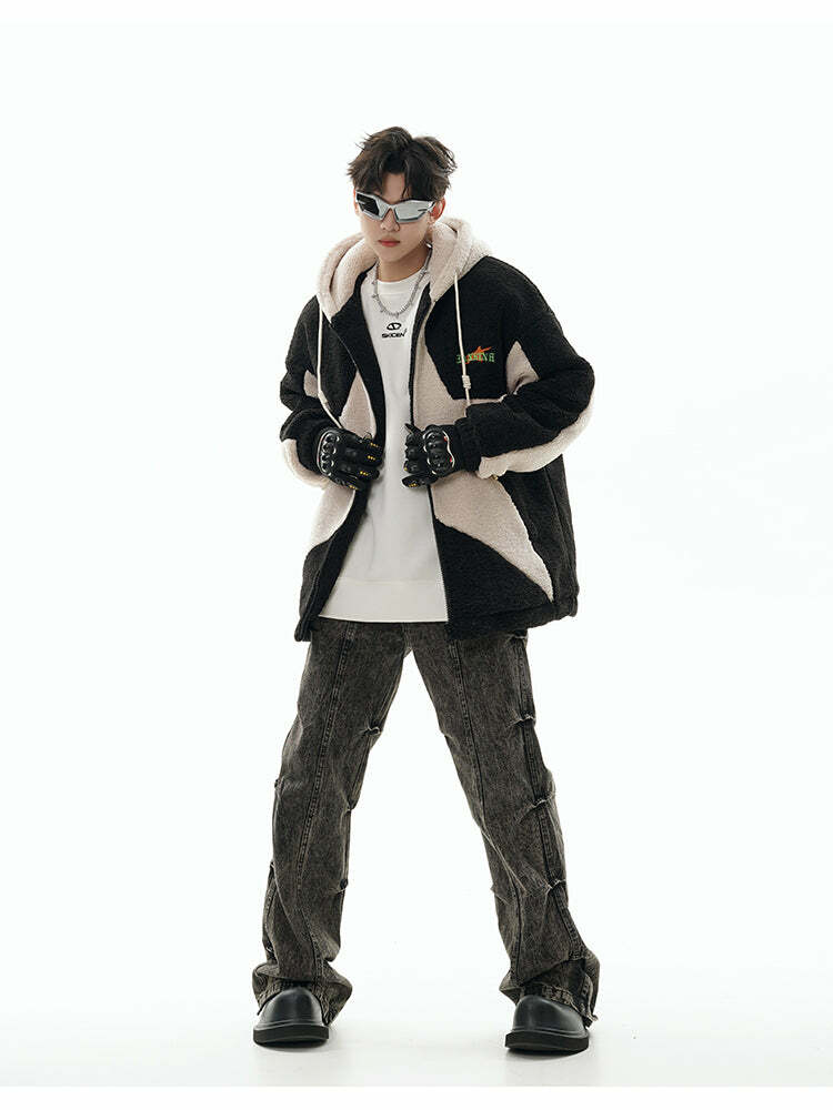 GCINIM Contrast Star Fleece Hoodie - Y2K Grunge, 90s Retro, Summer Outfits, Y2K Fashion Essentials