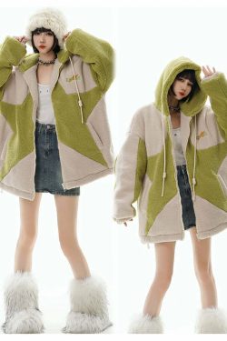 GCINIM Contrast Star Fleece Hoodie - Y2K Grunge, 90s Retro, Summer Outfits, Y2K Fashion Essentials