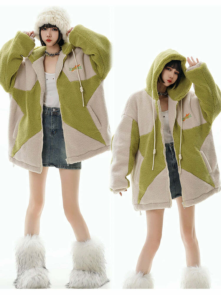 GCINIM Contrast Star Fleece Hoodie - Y2K Grunge, 90s Retro, Summer Outfits, Y2K Fashion Essentials