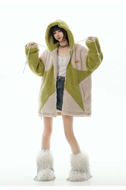 GCINIM Contrast Star Fleece Hoodie - Y2K Grunge, 90s Retro, Summer Outfits, Y2K Fashion Essentials