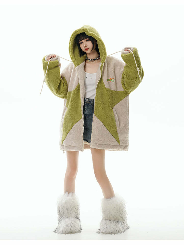 GCINIM Contrast Star Fleece Hoodie - Y2K Grunge, 90s Retro, Summer Outfits, Y2K Fashion Essentials