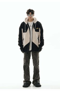 GCINIM Contrast Star Fleece Hoodie - Y2K Grunge, 90s Retro, Summer Outfits, Y2K Fashion Essentials