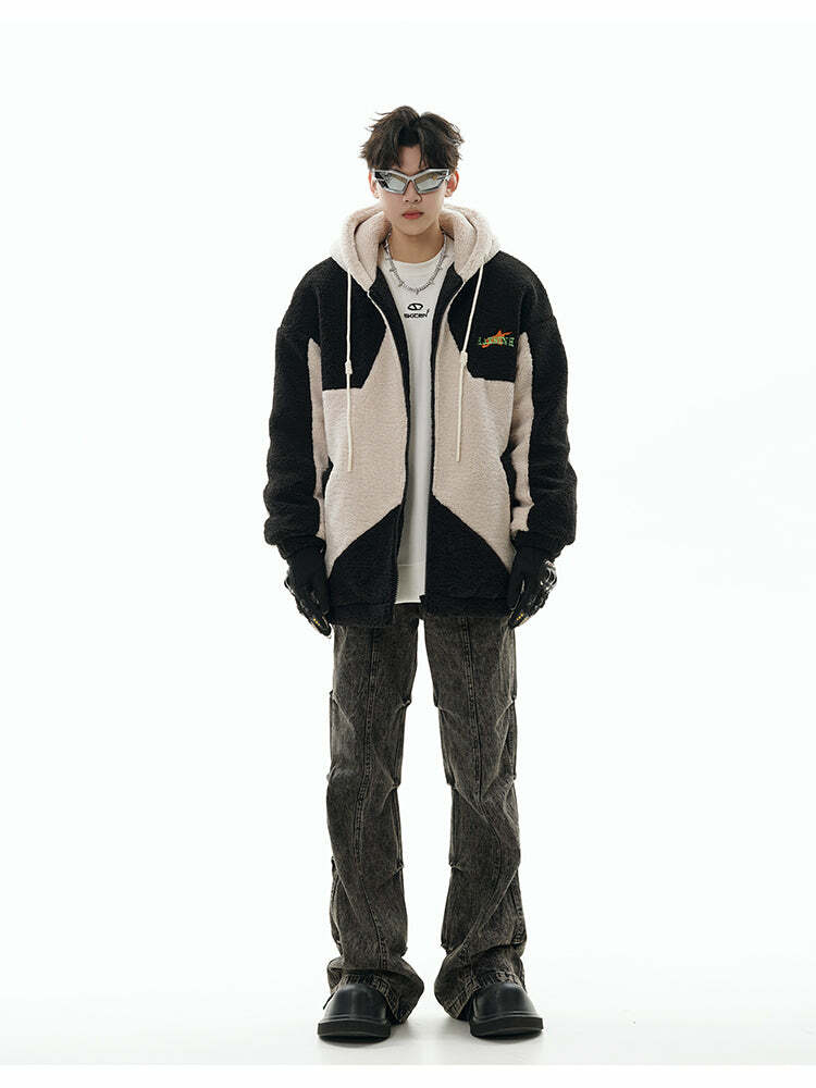 GCINIM Contrast Star Fleece Hoodie - Y2K Grunge, 90s Retro, Summer Outfits, Y2K Fashion Essentials