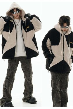 GCINIM Contrast Star Fleece Hoodie - Y2K Grunge, 90s Retro, Summer Outfits, Y2K Fashion Essentials