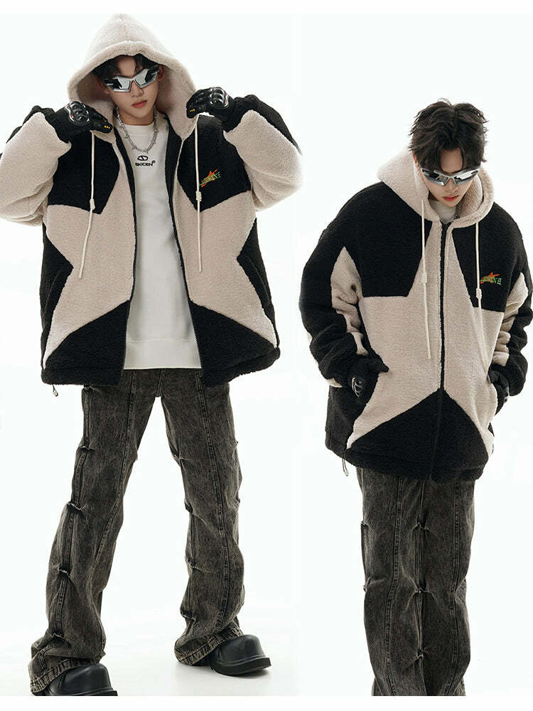 GCINIM Contrast Star Fleece Hoodie - Y2K Grunge, 90s Retro, Summer Outfits, Y2K Fashion Essentials