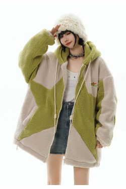 GCINIM Contrast Star Fleece Hoodie - Y2K Grunge, 90s Retro, Summer Outfits, Y2K Fashion Essentials