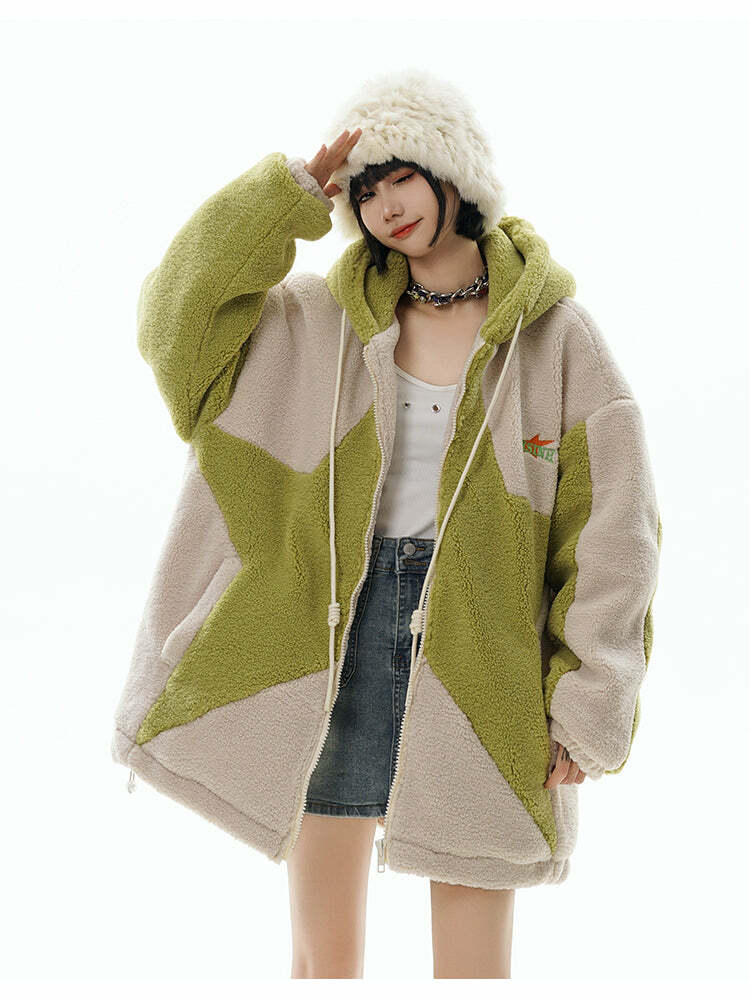 GCINIM Contrast Star Fleece Hoodie - Y2K Grunge, 90s Retro, Summer Outfits, Y2K Fashion Essentials
