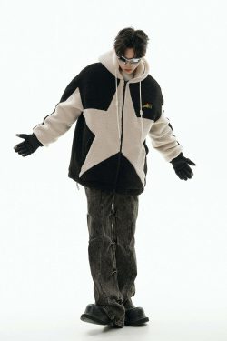 GCINIM Contrast Star Fleece Hoodie - Y2K Grunge, 90s Retro, Summer Outfits, Y2K Fashion Essentials