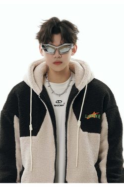 GCINIM Contrast Star Fleece Hoodie - Y2K Grunge, 90s Retro, Summer Outfits, Y2K Fashion Essentials