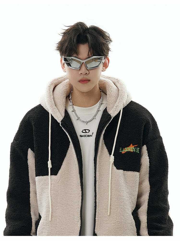 GCINIM Contrast Star Fleece Hoodie - Y2K Grunge, 90s Retro, Summer Outfits, Y2K Fashion Essentials