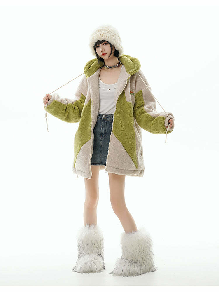 GCINIM Contrast Star Fleece Hoodie - Y2K Grunge, 90s Retro, Summer Outfits, Y2K Fashion Essentials