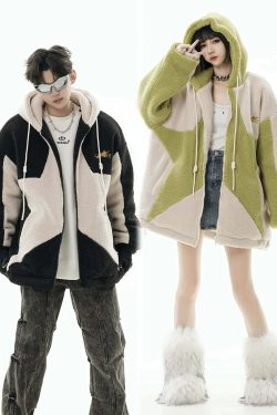 GCINIM Contrast Star Fleece Hoodie - Y2K Grunge, 90s Retro, Summer Outfits, Y2K Fashion Essentials
