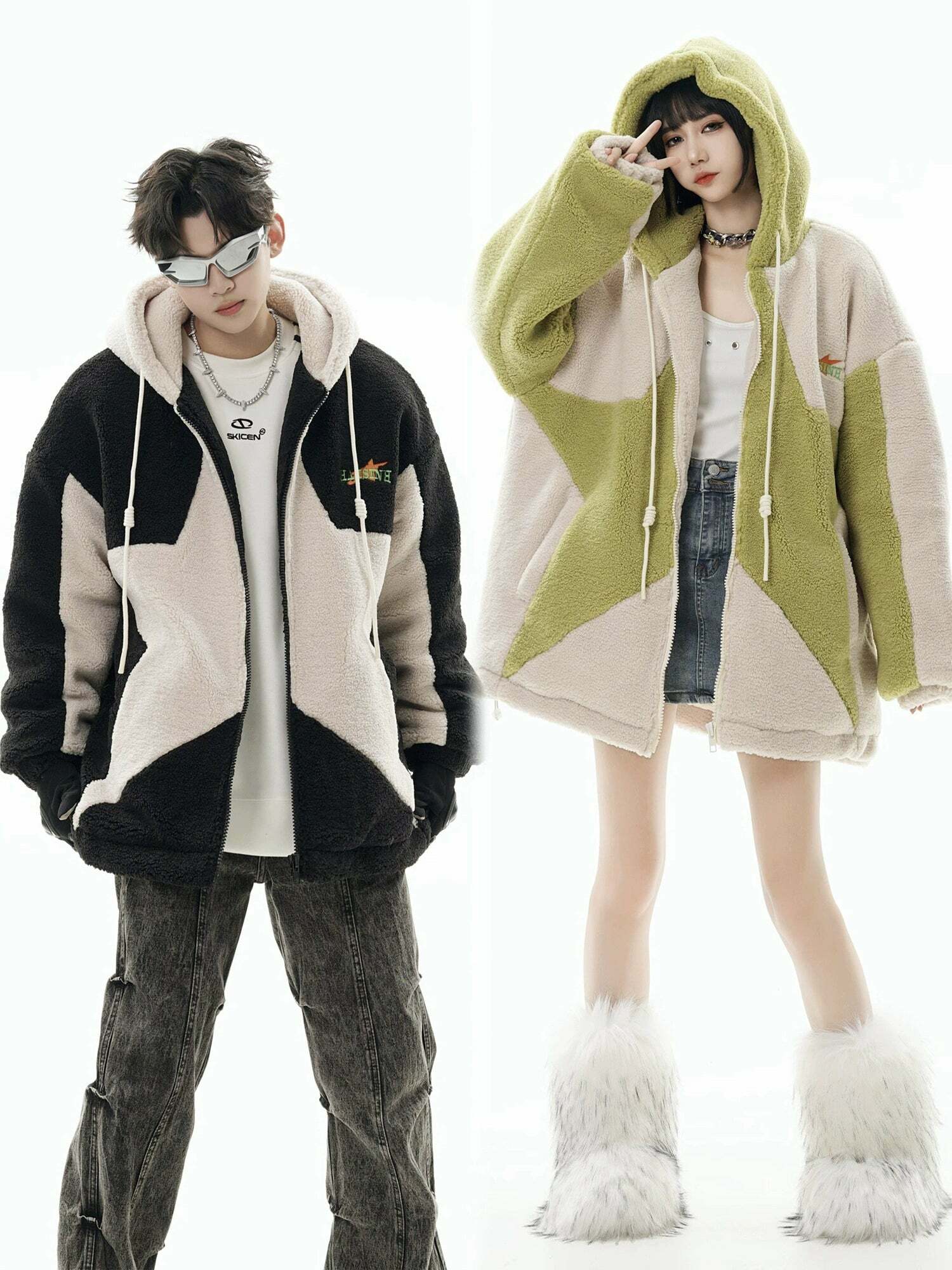 GCINIM Contrast Star Fleece Hoodie - Y2K Grunge, 90s Retro, Summer Outfits, Y2K Fashion Essentials