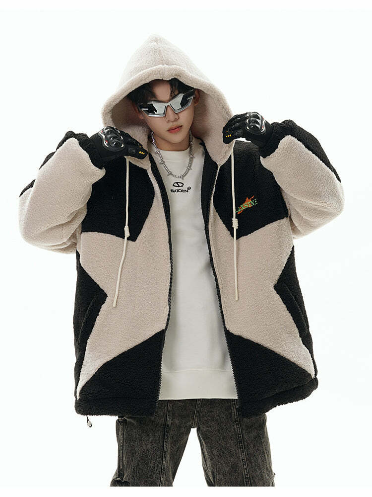 GCINIM Contrast Star Fleece Hoodie - Y2K Grunge, 90s Retro, Summer Outfits, Y2K Fashion Essentials