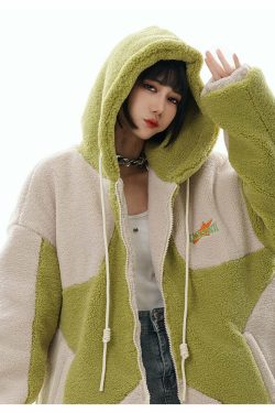 GCINIM Contrast Star Fleece Hoodie - Y2K Grunge, 90s Retro, Summer Outfits, Y2K Fashion Essentials