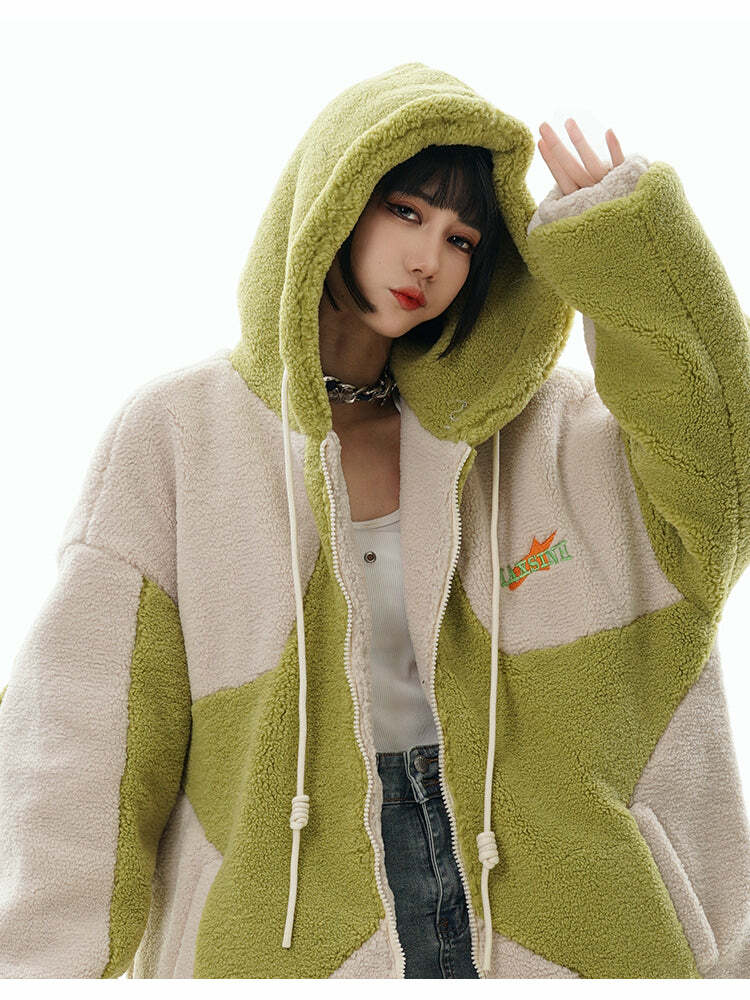 GCINIM Contrast Star Fleece Hoodie - Y2K Grunge, 90s Retro, Summer Outfits, Y2K Fashion Essentials